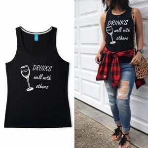 Bella + Canvas Black Graphic Tank Top “Drinks Well With Others” Wine Tee Small